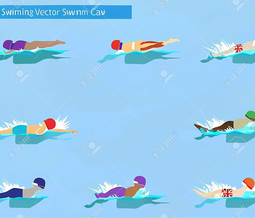 Zwemvector zwemmen sportman zwemt in badpak en zwemmuts in zwembad verschillende stijlen voor kruip vlinder of backstroke en borstslag onderwater illustratie geïsoleerd op achtergrond
