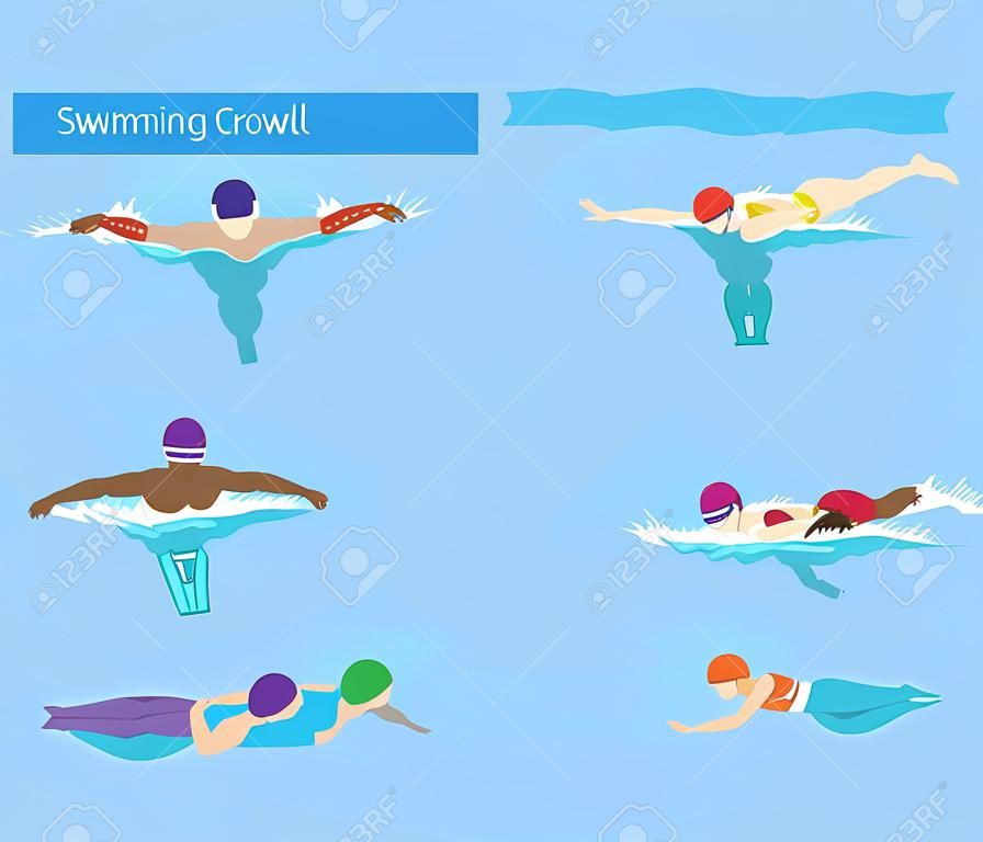 Zwemvector zwemmen sportman zwemt in badpak en zwemmuts in zwembad verschillende stijlen voor kruip vlinder of backstroke en borstslag onderwater illustratie geïsoleerd op achtergrond