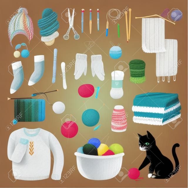 編み針ベクトルウールニットウェアやウールのウールセーターと子猫ウールの手編みロゴタイプセットイラストは白い背景に隔離