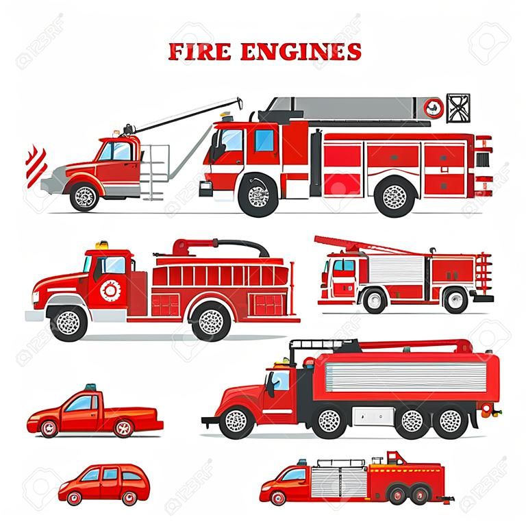Veículo de emergência de combate a incêndio do vetor do motor de incêndio ou caminhão de bombeiros vermelho com fogo de artifício e conjunto de ilustração de escada de carro de bombeiros ou transporte de motor de incêndio isolado no fundo branco.