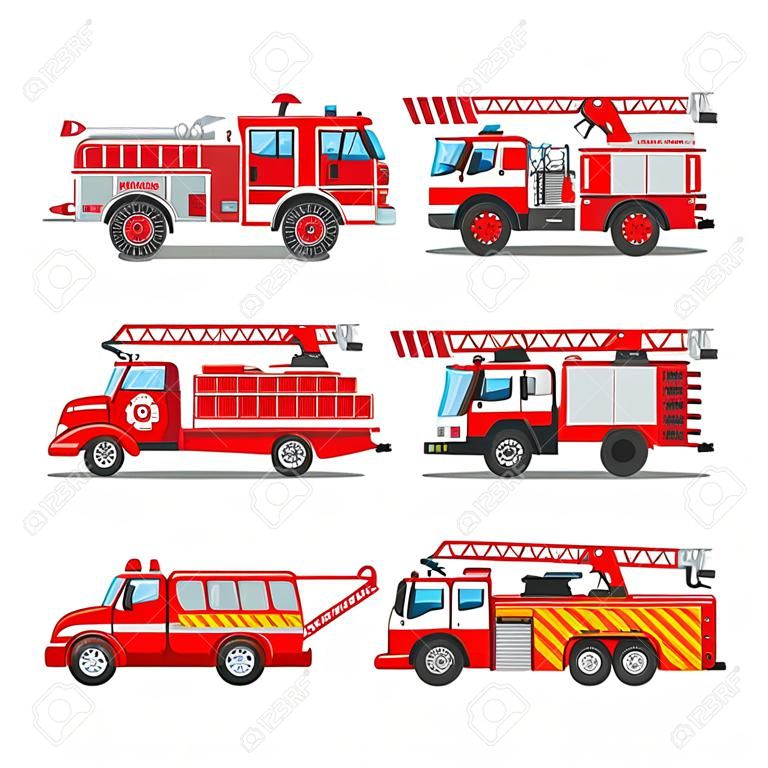 Veicolo di emergenza antincendio di vettore del motore dei pompieri o camion dei pompieri rosso con la manichetta antincendio e l'insieme dell'illustrazione della scaletta dell'automobile dei vigili del fuoco o del trasporto dell'autopompa antincendio isolato su priorità bassa bianca.