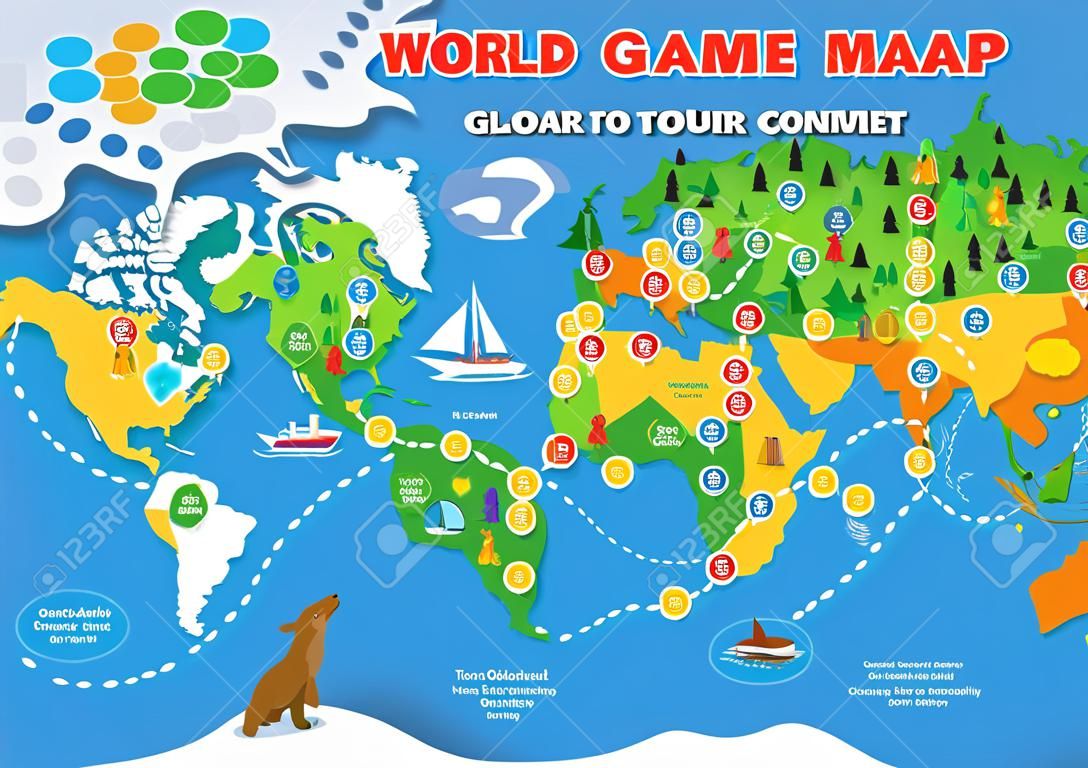 ボードゲームベクトル世界ゲームマップボードゲームは、背景に開始と終了とグローバルツアーマップチャートゲームのオーシャン大陸のゲームボードイラストセットを持つ。