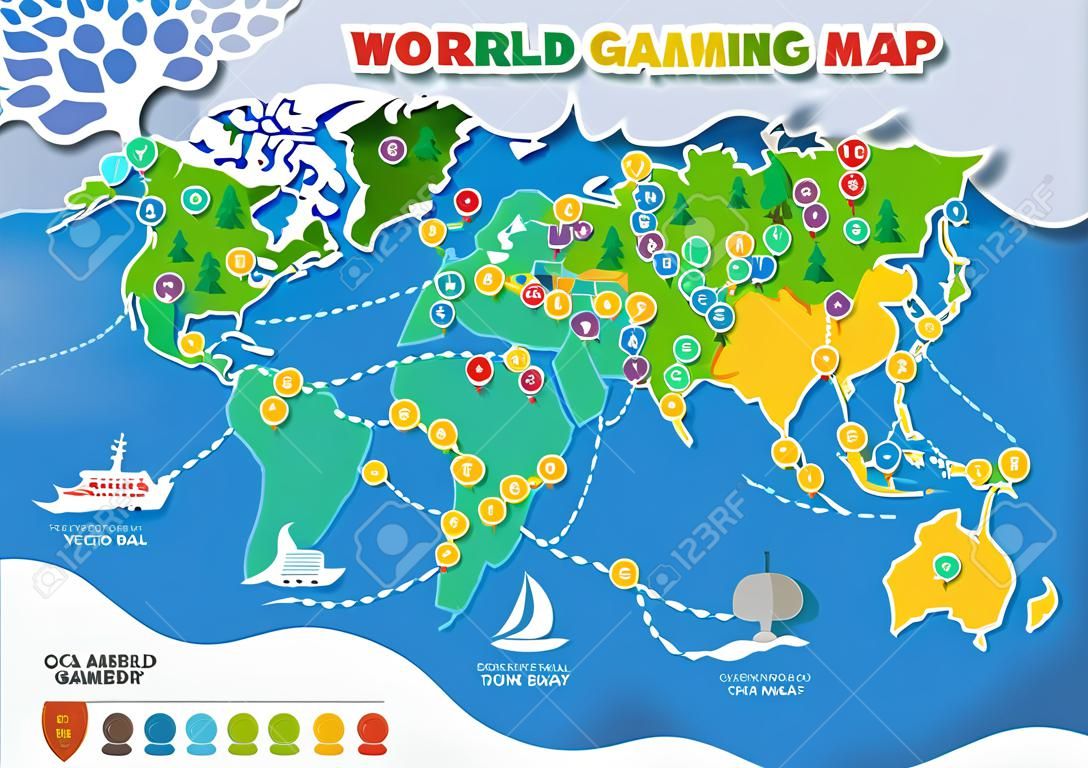 ボードゲームベクトル世界ゲームマップボードゲームは、背景に開始と終了とグローバルツアーマップチャートゲームのオーシャン大陸のゲームボードイラストセットを持つ。