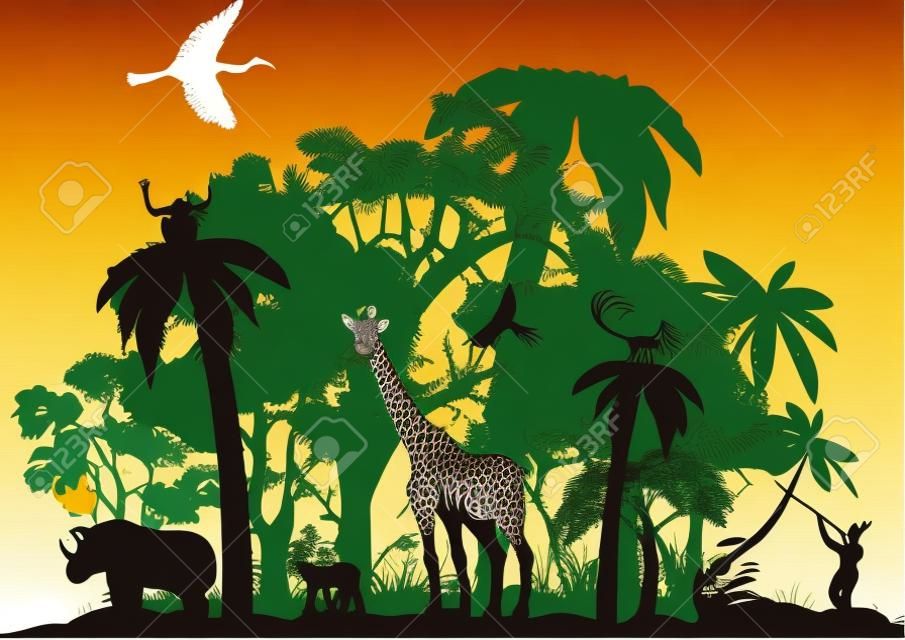 Jungle animals, wildlife jungle scene, vector silhouette. Wildlife theme