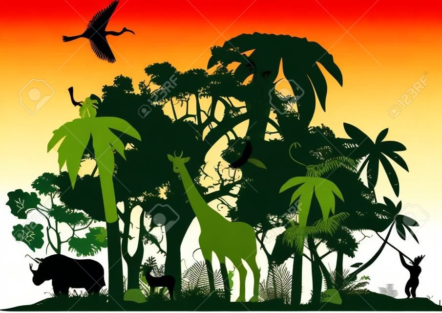 Jungle animals, wildlife jungle scene, vector silhouette. Wildlife theme