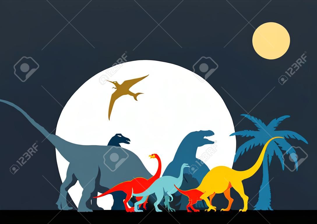 Dinosaurussen vector silhouetten op maan achtergrond concept vector