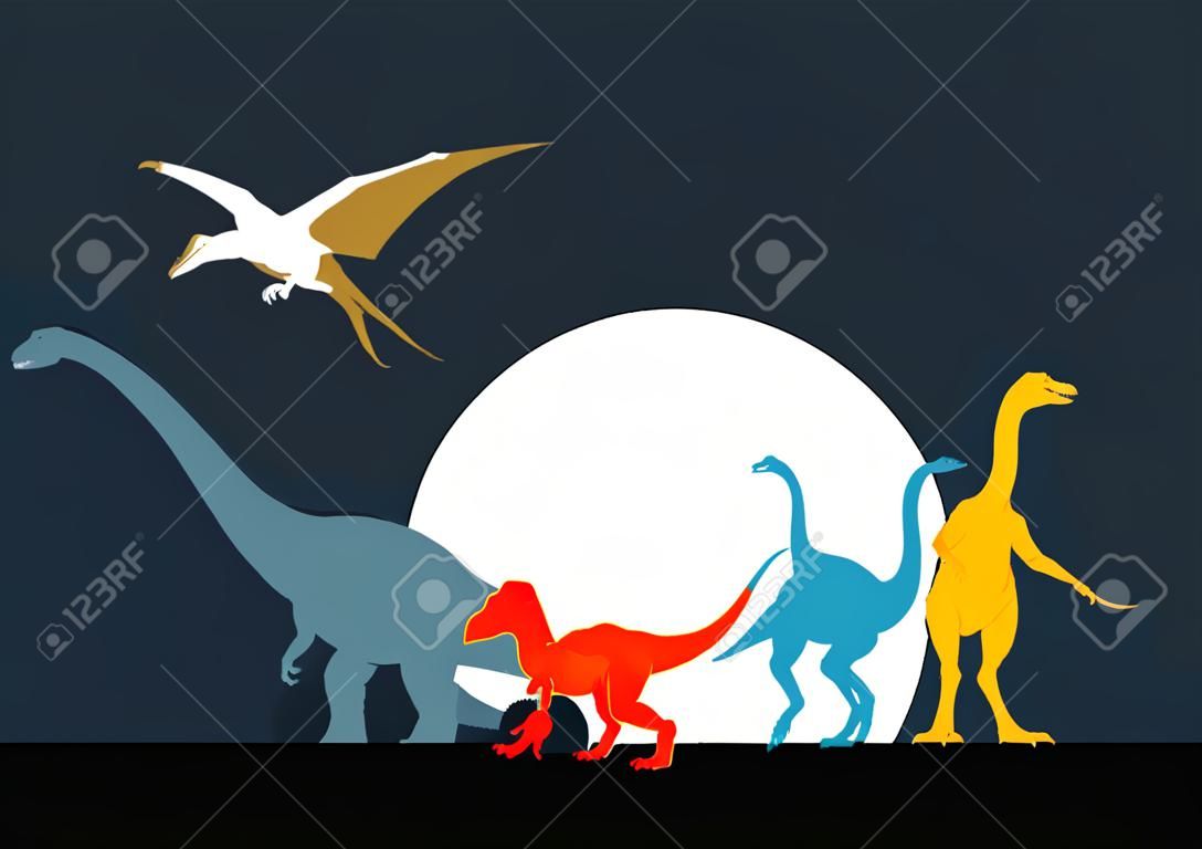 Dinosaurs vector silhouettes on moon background concept vector