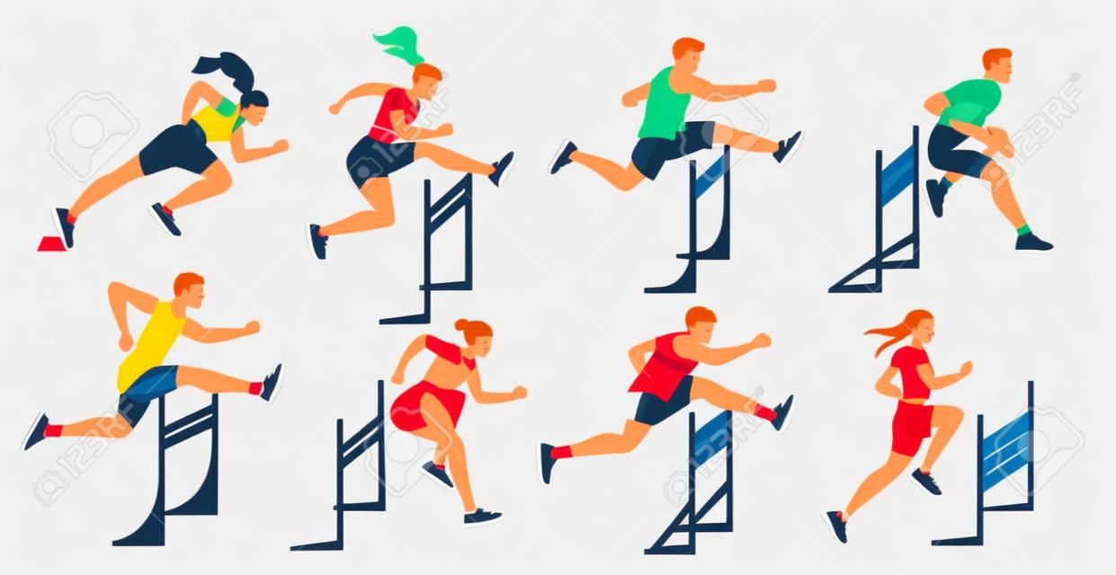 Hurdle race, vrouwelijke, mannelijke sportieve springwedstrijd. Atleten, mannen, vrouwen die deelnemen aan steeplechase, obstakel lopen. Vector set platte illustratie geïsoleerd op witte achtergrond. Jonge kampioenen.