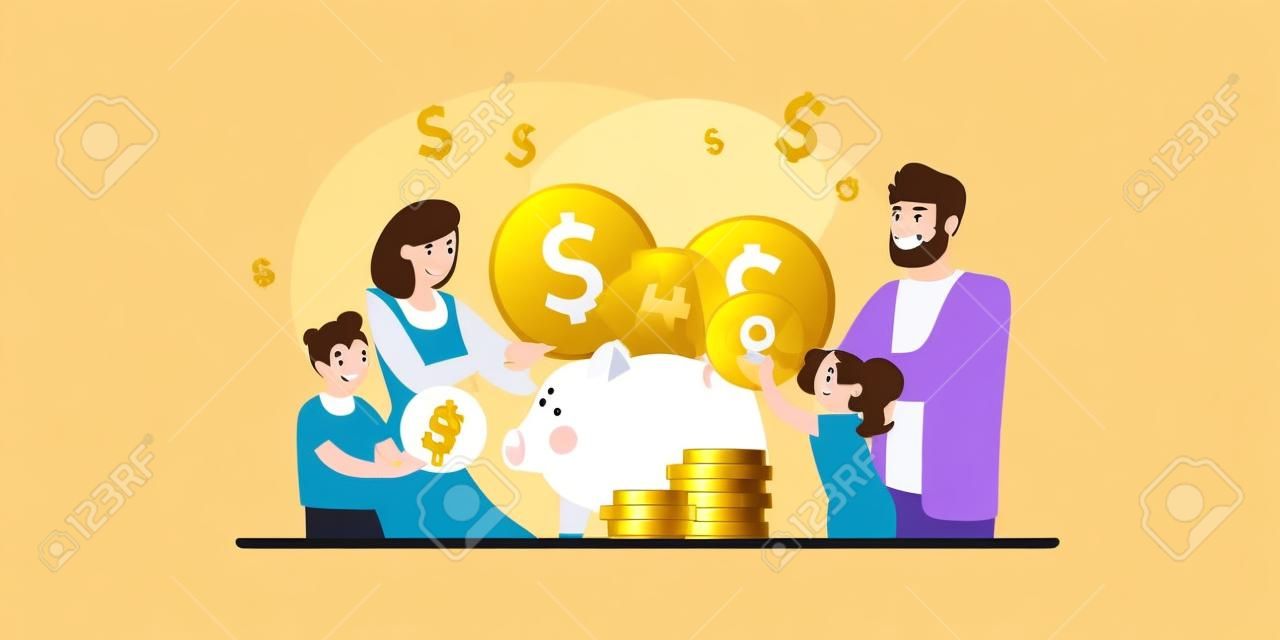 Vector cartoon flat happy family characters put gold coins in piggy bank.Parents kids saving money,follow home budget finance management plan-family budget,bank account,web site banner ad concept