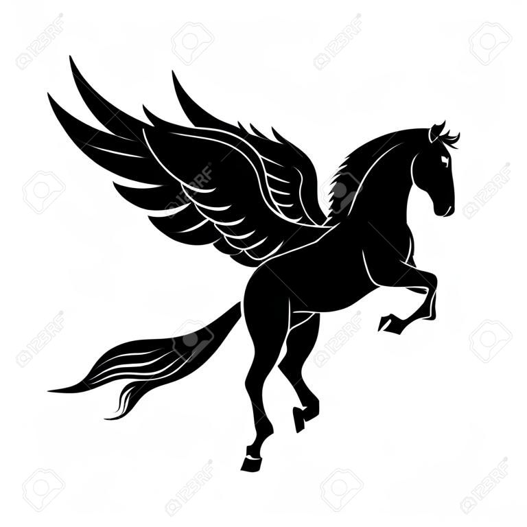 Immagine vettoriale di una silhouette di una mitica creatura di pegaso su sfondo bianco. Cavallo con le ali sulle zampe posteriori.