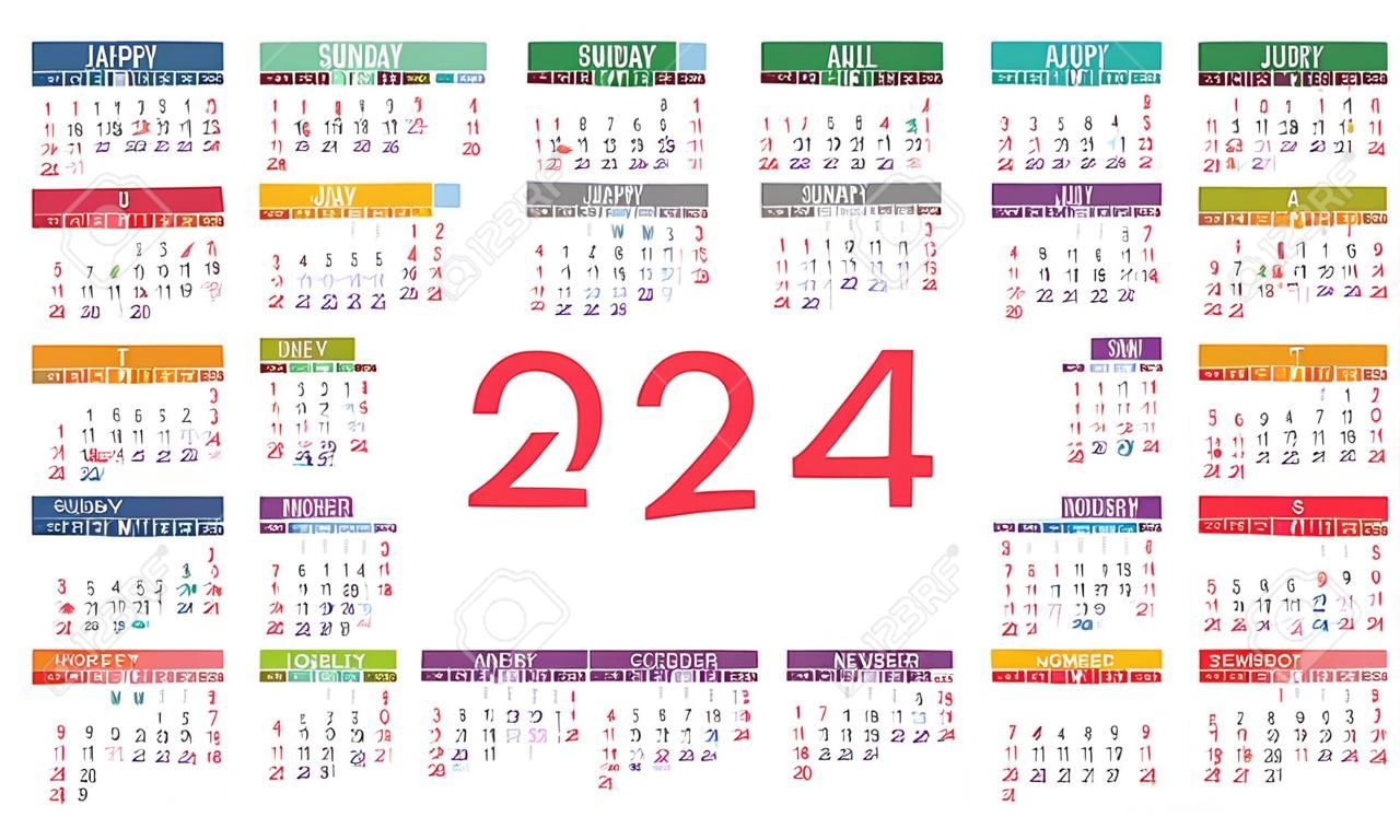 Calendario 2024 Horizontal Ilustración Versión Español Vector de