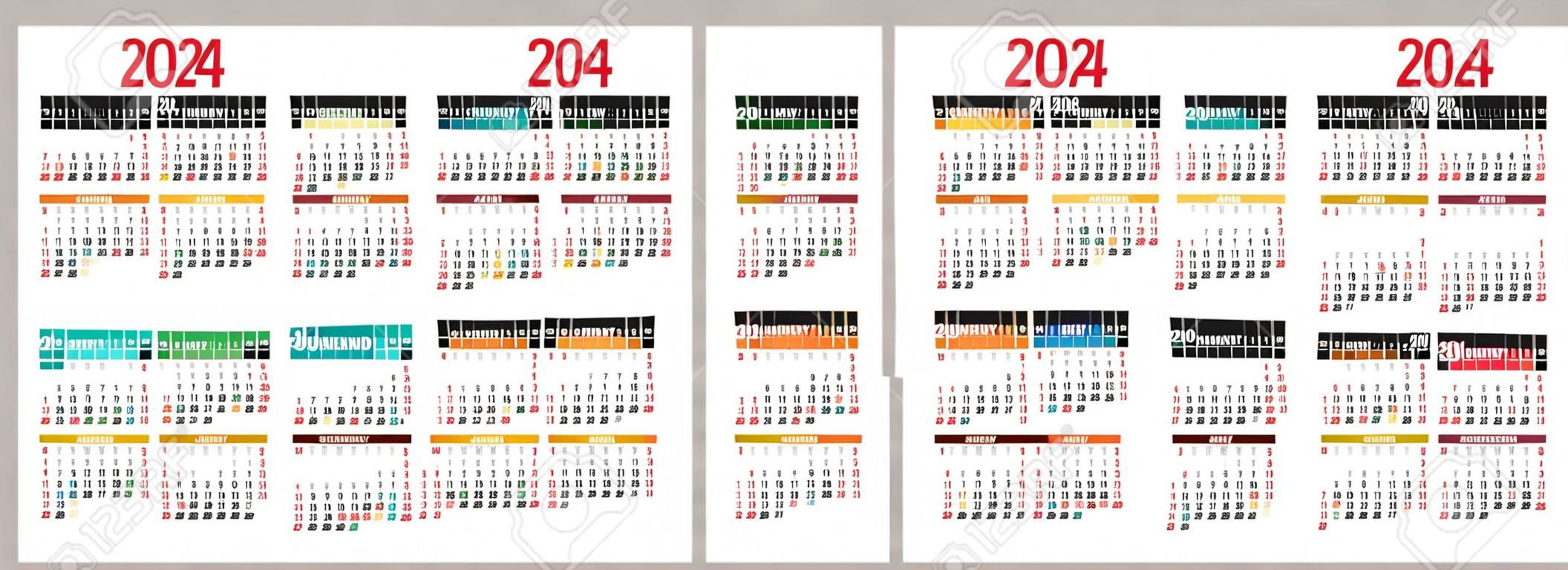 Calendario colorato 2023, 2024, 2025 e 2026. Calendario tascabile vettoriale a colori. la settimana inizia la domenica. gennaio, febbraio, marzo, aprile, maggio, giugno, luglio, agosto, settembre, ottobre, novembre, dicembre.