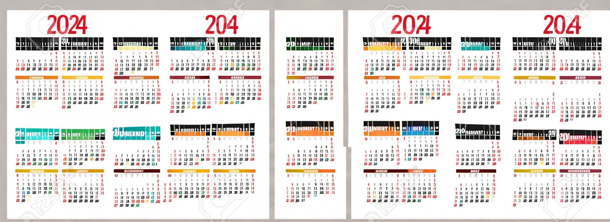 Calendrier coloré 2023, 2024, 2025 et 2026. conception de calendrier de poche de vecteur de couleur. la semaine commence le dimanche. janvier, février, mars, avril, mai, juin, juillet, août, septembre, octobre, novembre, décembre.