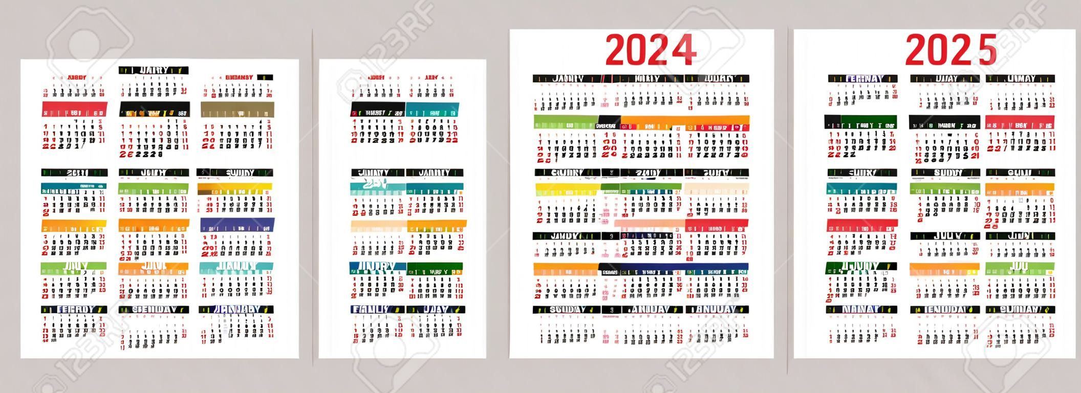 Calendario colorato 2023, 2024, 2025 e 2026. Calendario tascabile vettoriale a colori. la settimana inizia la domenica. gennaio, febbraio, marzo, aprile, maggio, giugno, luglio, agosto, settembre, ottobre, novembre, dicembre.