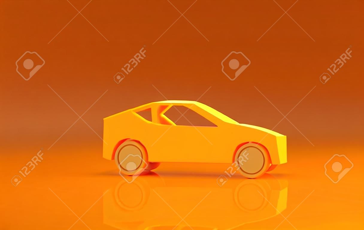 Gelbes Autosymbol isoliert auf orangefarbenem Hintergrund. Minimalismus-Konzept. 3D-Darstellung 3D-Darstellung
