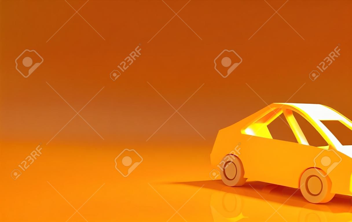 Gelbes Autosymbol isoliert auf orangefarbenem Hintergrund. Minimalismus-Konzept. 3D-Darstellung 3D-Darstellung