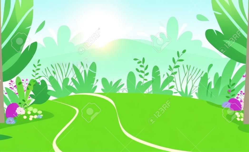 green grass meadow with river at park or forest trees and bushes flowers scenery background , nature lawn ecology peace vector illustration of forest nature happy funny cartoon style landscape