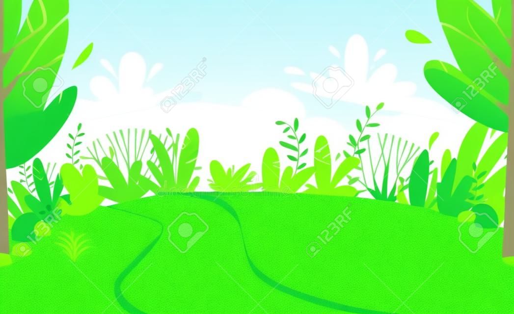 green grass meadow with river at park or forest trees and bushes flowers scenery background , nature lawn ecology peace vector illustration of forest nature happy funny cartoon style landscape
