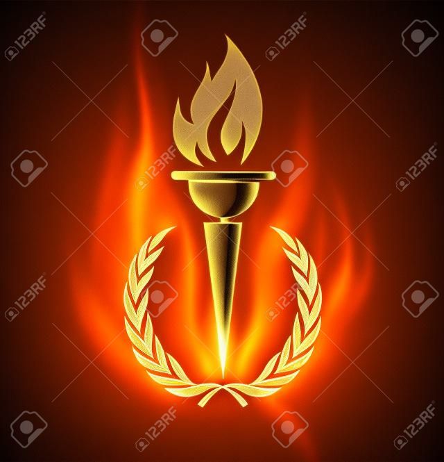 Flaming torch in laurel wreath for sports design