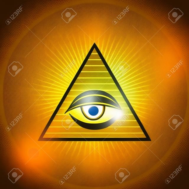 Omniscience的共济会的眼睛在金黄光亮的背景的。神秘符号矢量图
