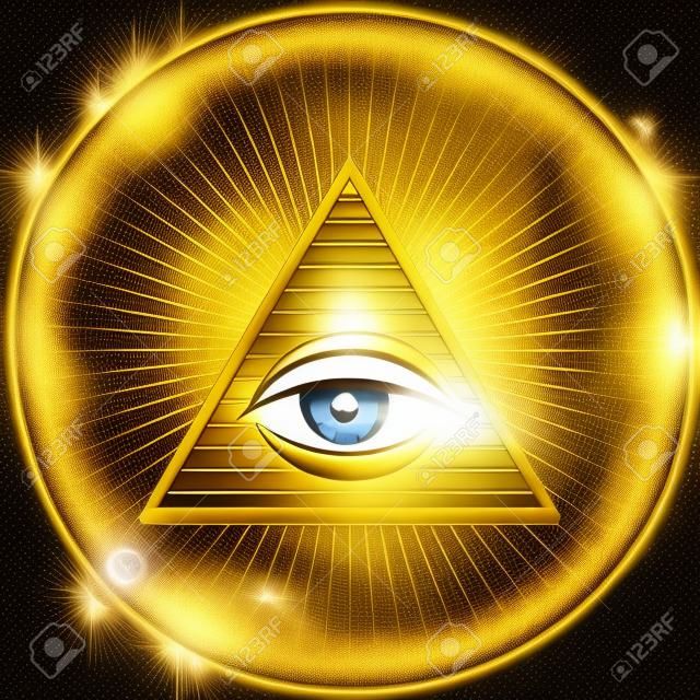 Masonic eye of Omniscience on golden shining background. Mystical symbol vector illustration