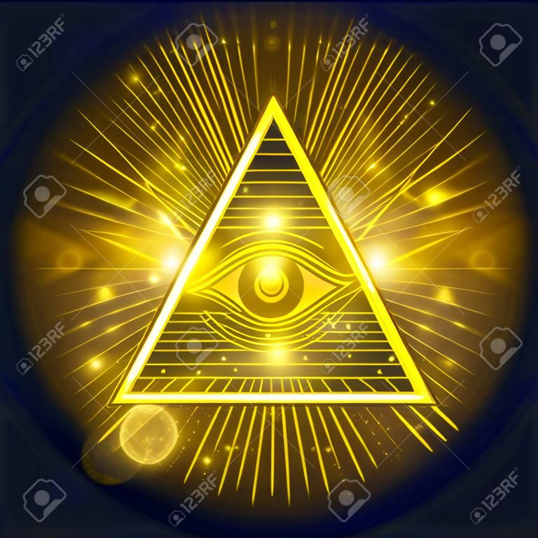 altın parlayan zemin üzerine Omniscience Masonik göz. Mistik sembol vektör çizim