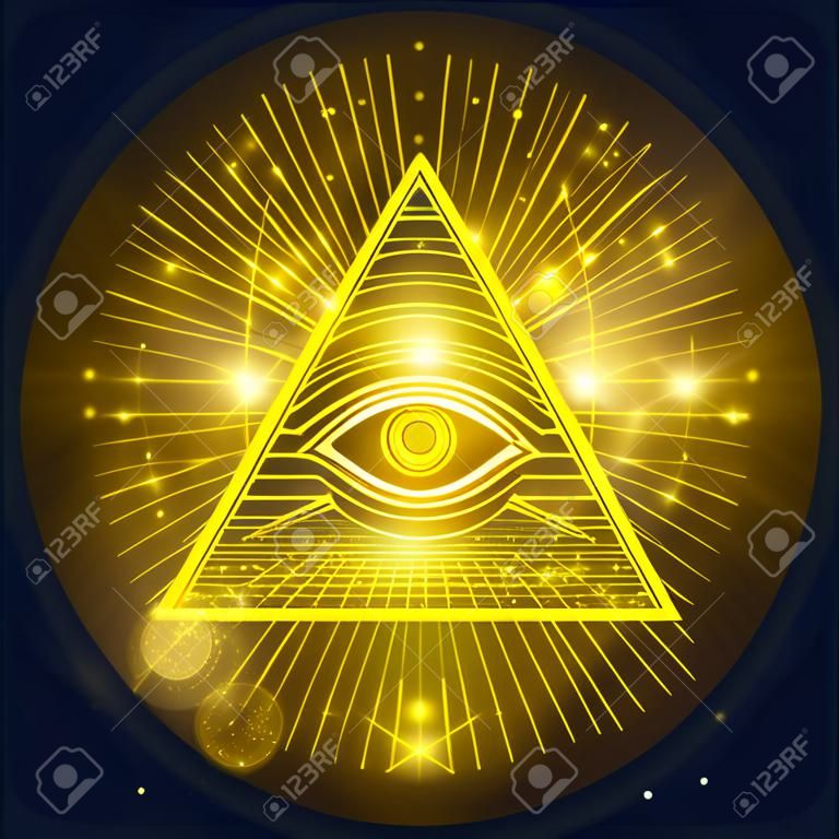 Omniscience的共济会的眼睛在金黄光亮的背景的。神秘符号矢量图