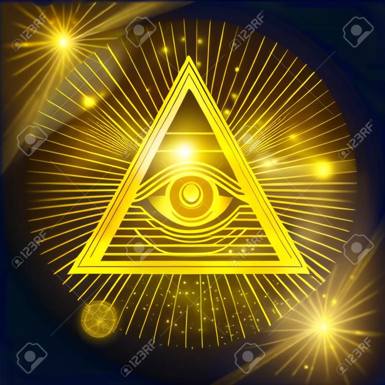Masonic eye of Omniscience on golden shining background. Mystical symbol vector illustration