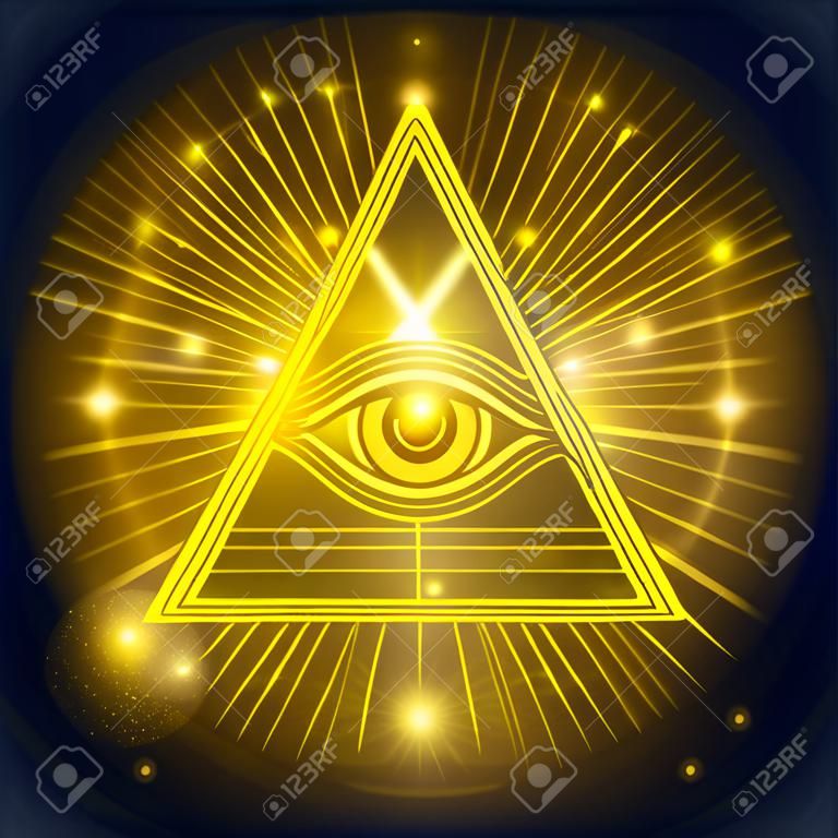 Freimaurerischen Auge der Allwissenheit auf golden glänzenden Hintergrund. Mystisches Symbol Vektor-Illustration