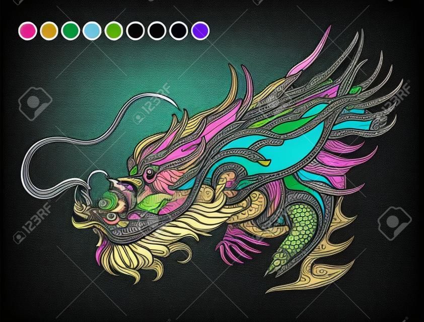 Dragon kleuren pagina sjabloon met stalen van kleuren. Vector illustratie