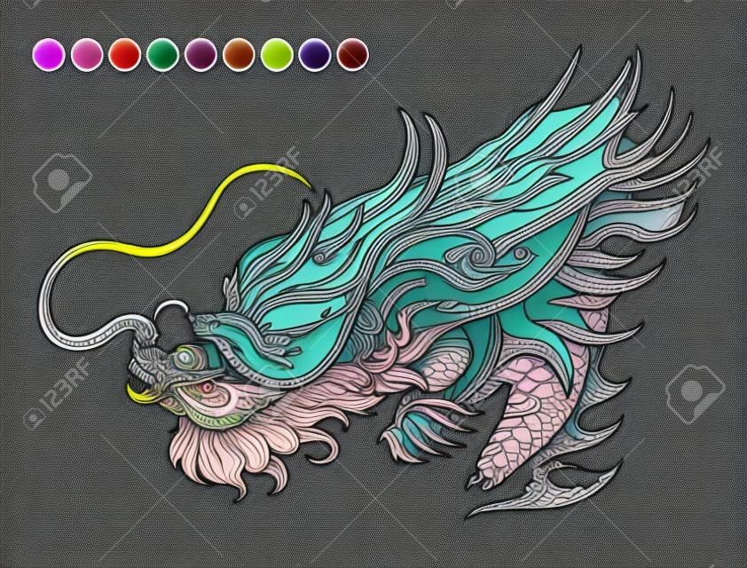 Dragon Coloriage modèle avec des échantillons de couleurs. Vector illustration