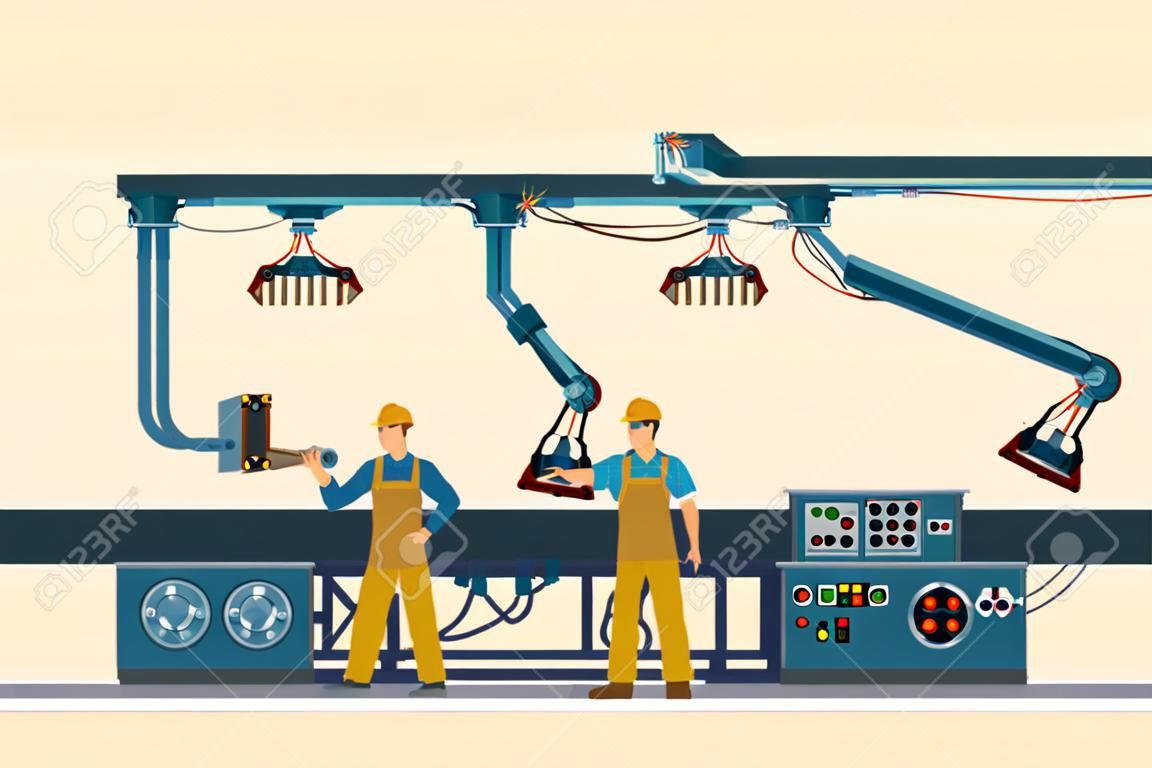 Production conveyor belt with vector factory operational people in uniform. Vector illustration