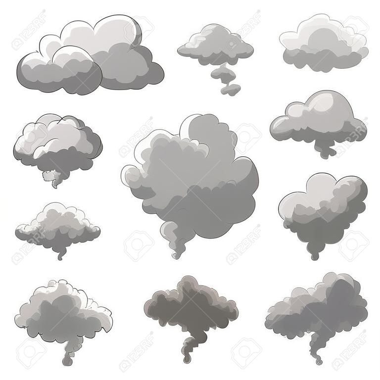 Tekenfilm rook vector illustratie. Roken grijze mist wolken op witte achtergrond