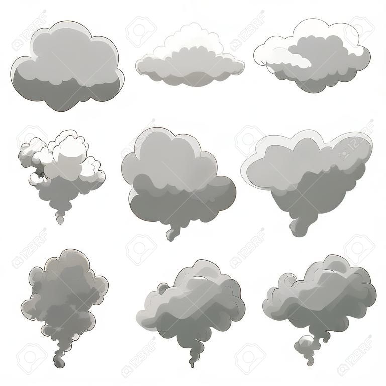 Cartoon smoke vector illustration. Smoking gray fog clouds on white background