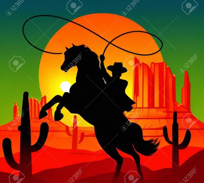 Векторные иллюстрации. Сцена дикой западной америки с мультяшным ковбой на лошади в пустыне с горами