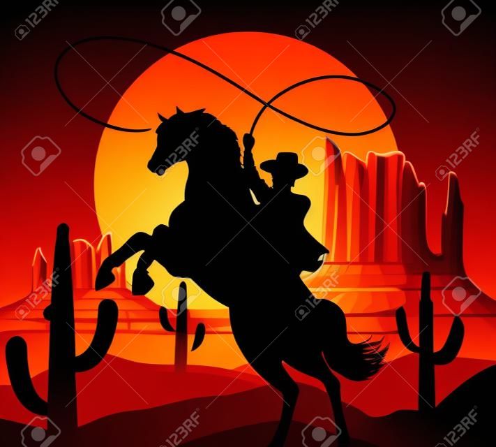 Westerse cowboys silhouet vector illustratie. Wild west Amerika scene met cartoon cowboy op paard in de woestijn met bergen