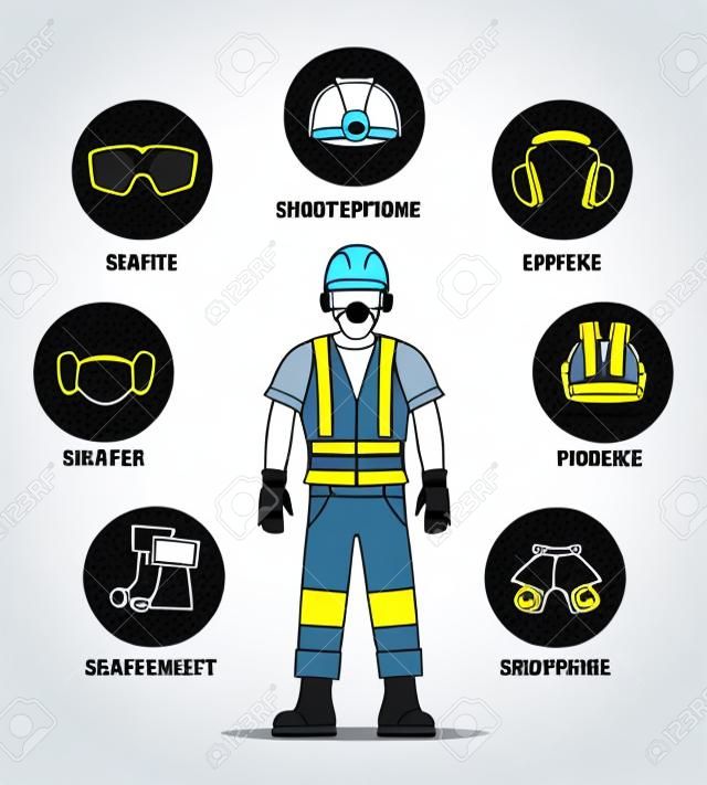 Koruyucu ve Güvenlik Ekipmanı veya ppe vektör çizim. İşçi iş koruması için kask ve gözlük, eldiven ve kulaklık simgeleri