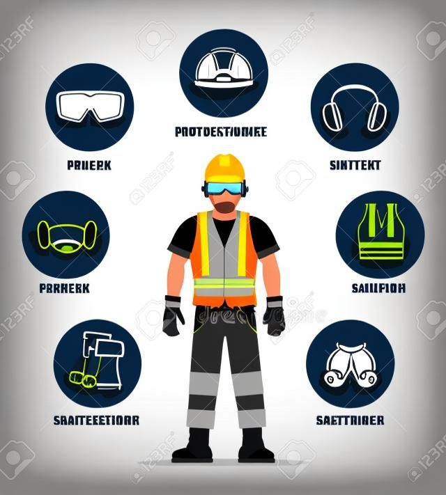Dispositivi di protezione e di sicurezza o illustrazione vettoriale ppe. Casco e occhiali, guanti e cuffie per la protezione dei lavoratori