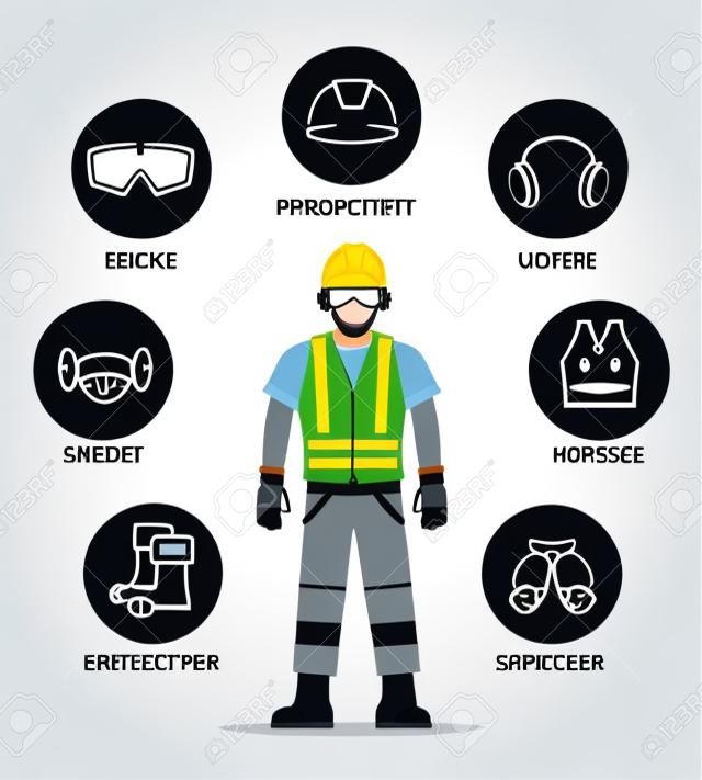 Védelmi és biztonsági berendezések vagy ppe vektoros illusztráció. A sisak és a szemüveg, a kesztyű és a fejhallgató ikonjai a munkavállalók munkahelyi védelméhez