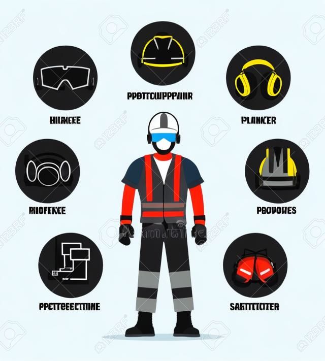 保護和安全設備或ppe矢量插圖。頭盔和眼鏡，手套和耳機圖標，用於工作崗位保護