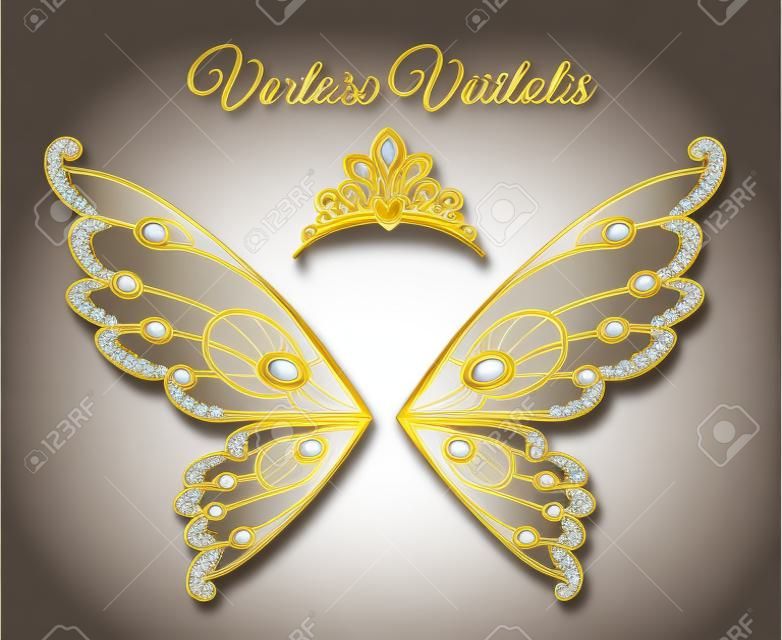 Flügel und Tiara Prinzessin Schmuck Gold Logo. Luxus Schmuck Diamant Mode Vektor Emblem