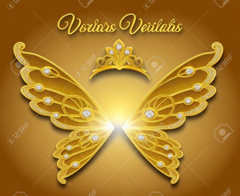 Flügel und Tiara Prinzessin Schmuck Gold Logo. Luxus Schmuck Diamant Mode Vektor Emblem