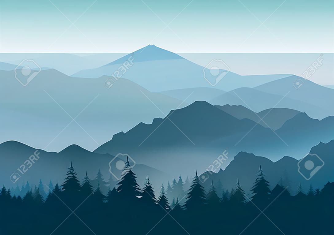 Vector misty or smokey blue mountain silhouettes background. Morning layered mountains with mist