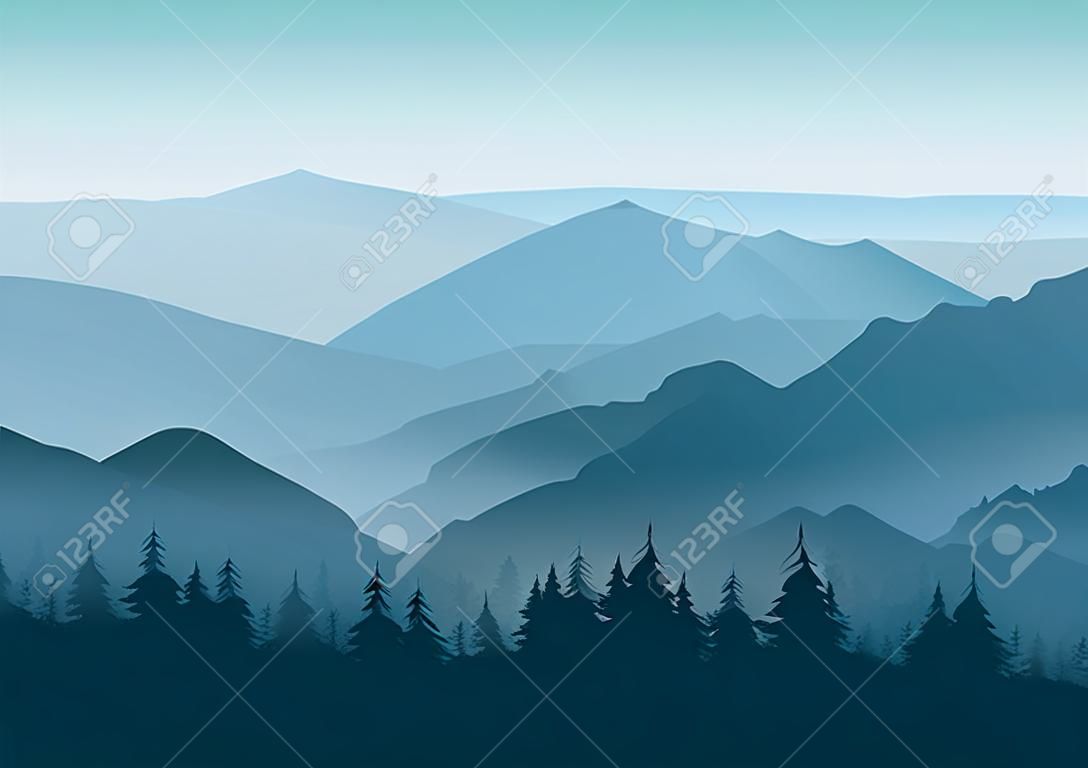 Vektör puslu veya dumanlı mavi dağ siluetleri arka planı. Sabah, sisli dağlar katmanlı