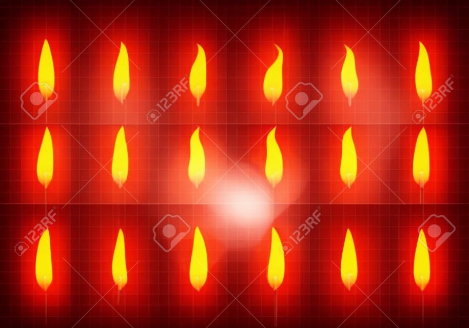 Kerzenflamme. Brennende orange Feueranimationsrahmen, flammende Vektorkerzen leuchten