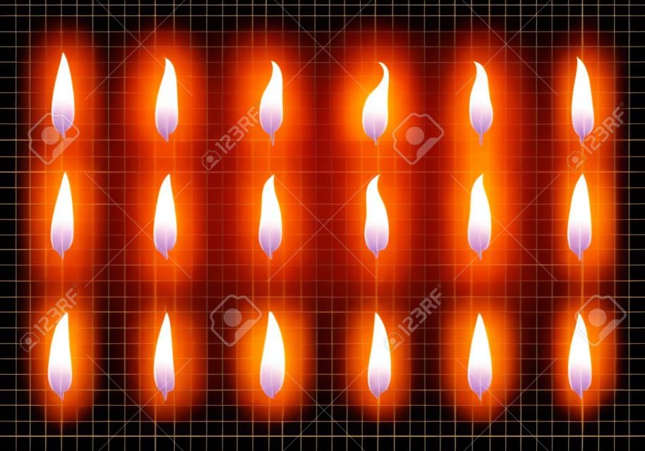 Kaarsen vlam. Brandende oranje vuur animatie frames, vlammende vector kaarsen licht