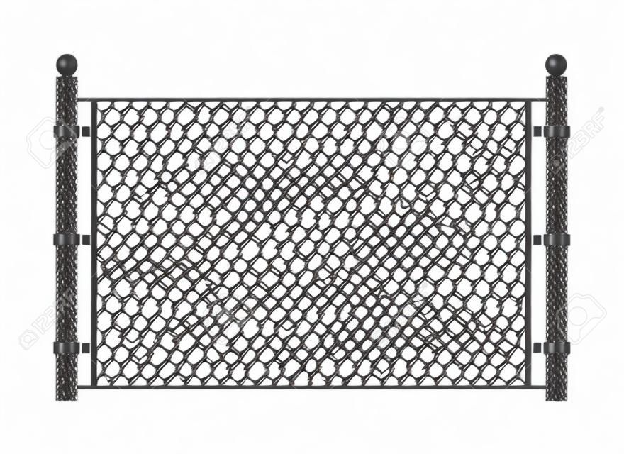 Recinzione in rete metallica. Scherma di catene collegate in acciaio vettoriale, elemento di modello di recinzione isolato su sfondo bianco