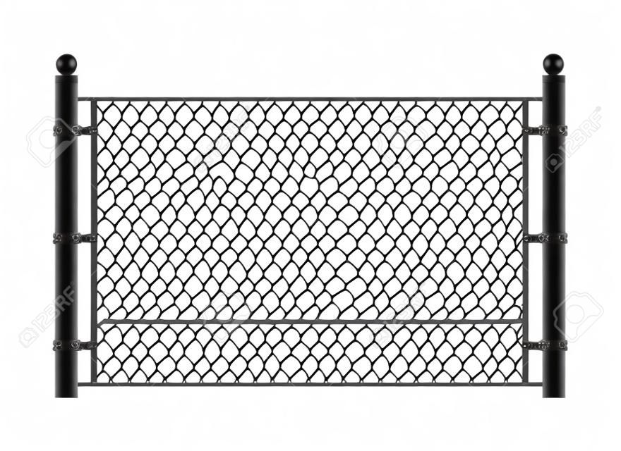 Valla metálica de malla metálica. Vector de cadenas de acero vinculadas esgrima, elemento de patrón de recinto aislado sobre fondo blanco.