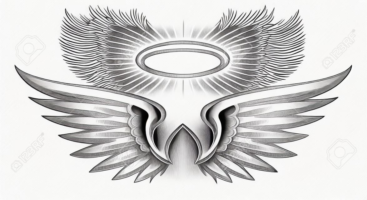 Croquis d'ailes de Saint. Dessin d'ailes de diable ou d'ange, croquis de vecteur dessiné à la main de plume d'anges avec illustration de tatouage angélique halo