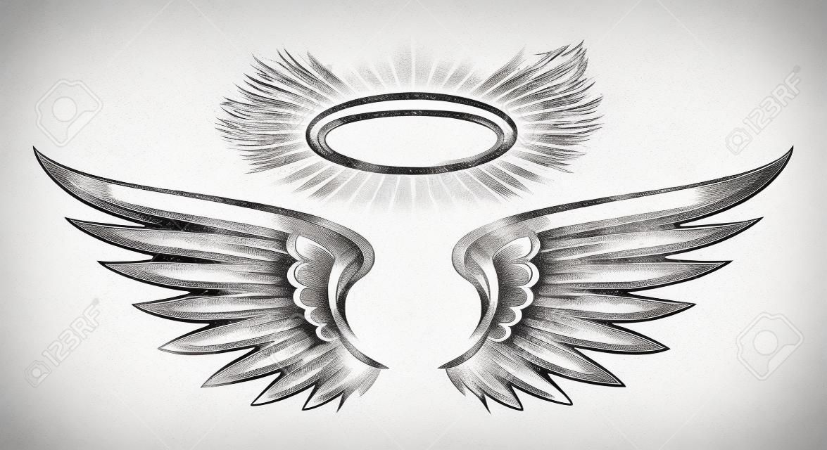 聖なる翼のスケッチ。聖なる悪魔や天使の翼の描画、ハロー天使の入れ墨のイラストとアンヘレス羽の手描きベクトルスケッチ